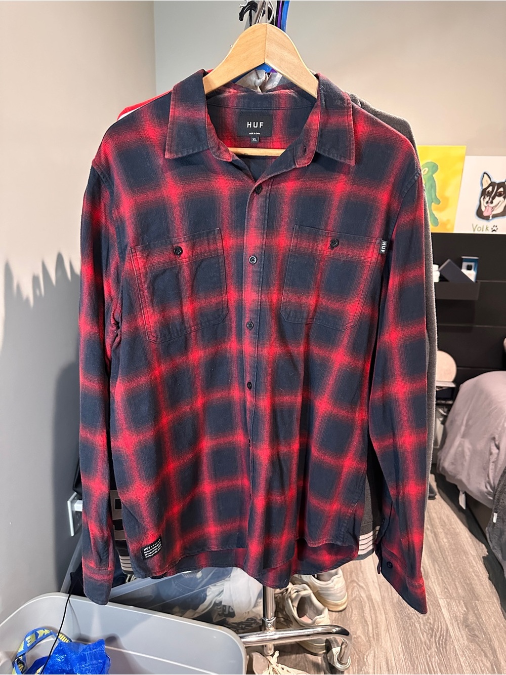 HUF Men’s Black & Red Flannel Button Down Size XL Pre-Owned